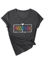 Close-up of Preschool Vibes colorful letter print on V-neck grey cotton t-shirt - S / Heather Grey (White Graphic)
