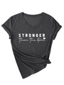 Detail of V-neck T-shirt in charcoal gray with stronger than the storm print and side knot - Black Heather Grey