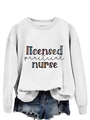 Detail of Licensed Practical Nurse print on white long sleeve sweatshirt and denim shorts - White Sweatshirt (Black Text)
