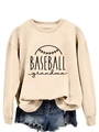Detail of beige crewneck sweatshirt featuring Baseball Grandma print and denim shorts - Sand (Black Font)