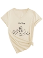 Λεπτομέρεια T-shirt με λαιμόκοψη V, κόμπο στο στρίφωμα και στάμπα 'i'm fine' - S / Άμμος (Μαύρο Γραφικό)