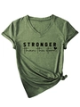 Detail of V-neck olive green T-shirt with STRONGER than the storm print and hem knot - Olive Green
