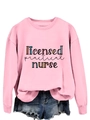 Detail of pink licensed practical nurse sweatshirt with colored typography on white backdrop - Pink Sweatshirt (Black Text)