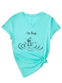 Λεπτομέρεια από το πράσινο T-shirt με λαιμόκοψη V, τύπωμα I'm Fine και κόμπο - S / Φωτεινό Μπλε (Μαύρο Γραφικό)