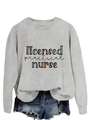 Flat lay of gray sweatshirt with licensed practical nurse print and denim shorts - Grey Sweatshirt (Black Text)