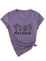 Detail of purple V-neck T-shirt with Not a Hugger cactus print and side knot - Purple (Black Graphic)