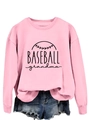 Detailed close-up of pink crewneck sweatshirt with Baseball Grandma print and denim shorts - Pink (Black Font)