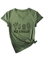 Detail of army green V-neck T-shirt with cactus graphics and Not a Hugger slogan - Olive Green (Black Graphic)