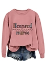 Detail of pink sweatshirt featuring licensed practical nurse print and blue heart design - Rose Gold Sweatshirt (Black Text)