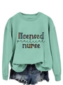 Detail of mint green licensed practical nurse sweatshirt with denim shorts on white background - Light Green Sweatshirt (Black Text)