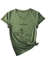 Detail of army green V-neck T-shirt with I'm fine graphic print and side knot design - S / Olive Green (Black Pattern)