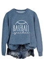 Detail of Baseball Grandma print on a blue crewneck sweatshirt with denim shorts - Blue (White Font)