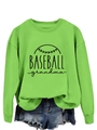 Detail of bright green baseball grandma sweatshirt tucked into blue denim shorts - Neon Green (Black Text)