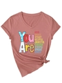 Detail of V-neck pink t-shirt with You Are Kind Brave Smart print and side knot design - Rose Gold