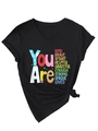 Detail of V-neck black T-shirt with inspirational print and stylish front knot hem - Black