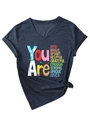 Detail of V-neck grey T-shirt with 'You Are Kind Brave Smart' slogan and knot design - Navy Blue