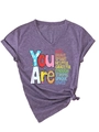 Close-up of women's purple V-neck T-shirt with inspirational print and knot detail - Purple