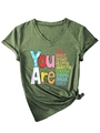 Detail of V-neck olive green T-shirt with motivational text and bottom knot design - Olive Green