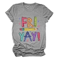 Close-up of grey crew neck T-shirt featuring school stationery and FRI YAY! print - S / Dark Grey (Black Text)