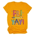 Detail of soft cotton yellow t-shirt featuring school themed Fri Yay pencil print - S / Mustard Yellow (Black Text)