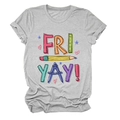 Close-up detail of 'FRI YAY!' pencil and ruler print on soft heather grey crew neck t-shirt - Light Grey (Black Text)