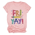 Close-up of pink T-shirt featuring FRIYAY stationery print with pencils and rulers - Pink (Black Text)