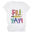 Close-up of FRI-YAY print with ruler and pencil graphics on white cotton T-shirt - White (Black Text)