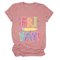 Detail of pink heather t-shirt with colorful ruler and pencil Fri-Yay print - Rose Gold (White Text)