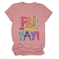 Detail of creative 'FRI YAY!' text print with ruler and pencil icons on a dusty rose tee - Rose Gold (Black Text)