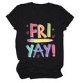 Close-up of FRI YAY stationery print with rulers and pencils on a black t-shirt - Black (White Text)