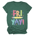 Flat lay of dark green T-shirt featuring school stationery and FRI YAY! graphic print - Retro Green (White Text)