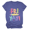 Detail of soft knit purple t-shirt featuring Fri Yay pencil and ruler school print - Retro Blue (White Text)