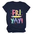 Detailed flat lay of navy t-shirt featuring rainbow Fri Yay stationery print and cotton texture - Navy Blue (White Text)