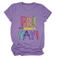 Detail of purple cotton T-shirt featuring ruler and pencil Fri Yay graphic print - Purple (Black Text)