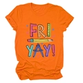 Detail of vibrant orange crewneck T-shirt with Fri-Yay ruler and pencil stationery print - Orange (Black Text)