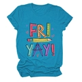 Detail of teal crewneck t-shirt with 'FRI YAY!' school stationery pencil and ruler print - Lake Blue (Black Text)