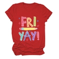 Close-up of school themed graphics and Fri Yay text on a red cotton t-shirt - Red (White Text)