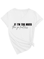 Detail eines weißen V-Ausschnitt T-Shirts mit Seitenknoten und schwarzem Slogan-Print - S / Weiß