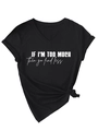 Detailansicht eines schwarzen V-Ausschnitt T-Shirts mit weißem Schriftzug und seitlichem Knoten - Schwarz