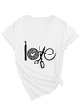 Dettaglio della maglietta bianca con scollo a V, grafica love a maglia e nodo sul lato - S / Bianco (Stampa Nera)