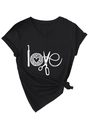Détail du t-shirt noir col en V avec motif love tricoté et ourlet noué sur le côté - S / Noir (Imprimé Blanc)