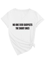 Detail of V-neck white T-shirt with No One Ever Suspects The Short Ones text print - S / White (Black Print)