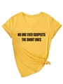 Detail of yellow V-neck t-shirt with black graphic text and stylish front hem knot - S / Yellow (Black Print)