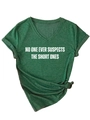 Detail of V-neck dark green t-shirt with side-knot hem and white slogan print - S / Vintage Green (White Print)