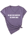 Detail of purple V-neck t-shirt with slogan print and stylish front knot design - S / Purple (White Print)