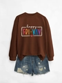 Detailed flat lay of happy fri yay printed crewneck sweatshirt with casual denim shorts - Coffee Sweatshirt (White Text)