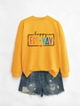Close-up of bright yellow happy fri-yay sweatshirt with ribbed cuffs and round neck - Yellow Sweatshirt (Black Text)