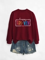 Flat lay of burgundy crewneck sweatshirt with Happy Fri-Yay print and denim shorts - Wine Red Sweatshirt (White Text)