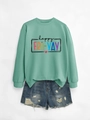 Close-up of mint green happy fri-yay sweatshirt showing ribbed cuffs and printed graphics - Light Green Sweatshirt (Black Text)