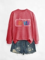 Detail of Happy Friday print on red sweatshirt and distressed denim shorts texture - Red Sweatshirt (White Text)